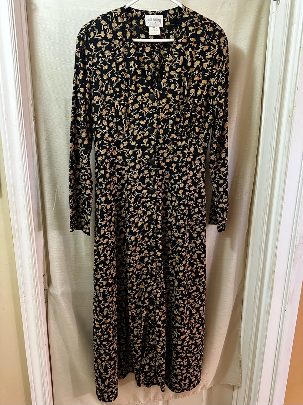 Vintage 90’s Hugo Buscati Floral Maxi Dress Button Front Rayon Cottagecore Black
